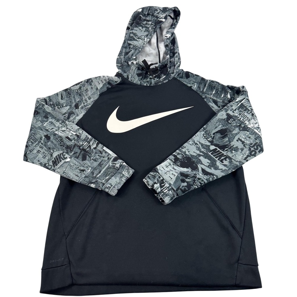 Nike Dri-FIT Hoodie Mens XL Black Graphic Swoosh Pullover Fleece 932005-010